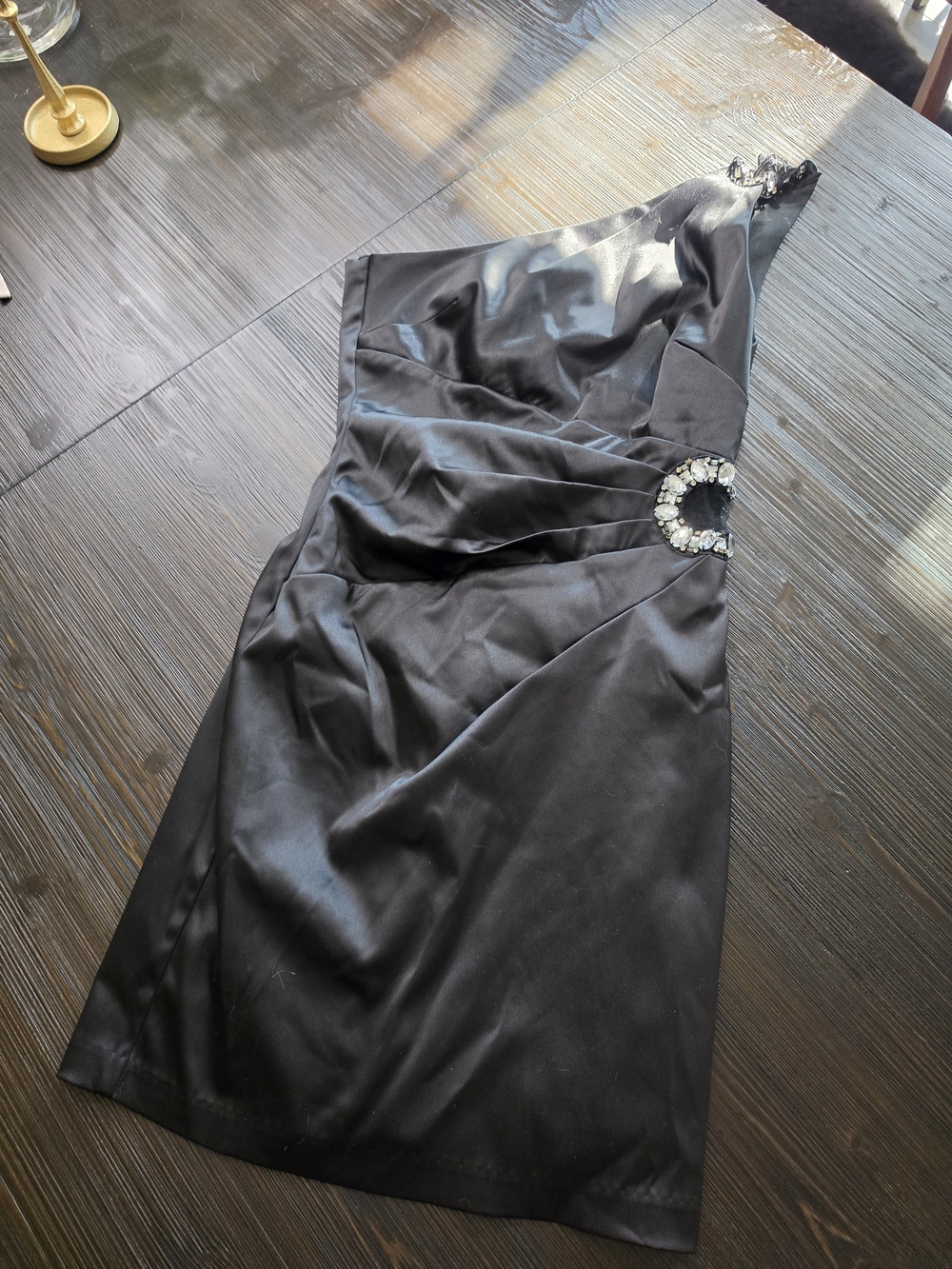 Windsor Black One-Shoulder Dress with Jeweled Waist Accent